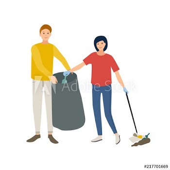 Pair of smiling male and female volunteers collecting garbage in trash bag isolated on white background