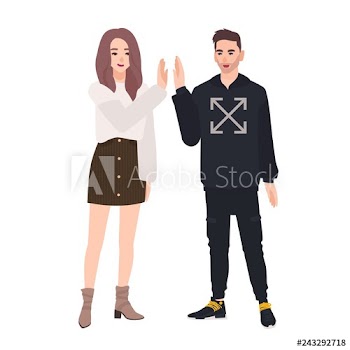 Pair of smiling young man and woman dressed in casual clothes giving high five