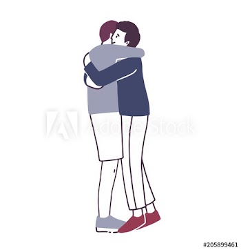 Pair of smiling young men standing and embracing each other or hugging