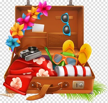 Pair of yellow flip-flops , Suitcase Travel Vacation Baggage, Colorful seaside vacation transparent background PNG clipart