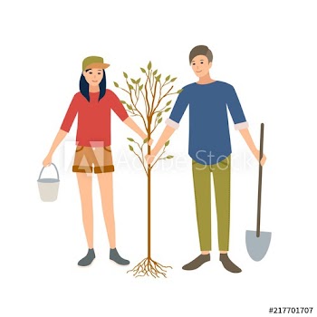 Pair of young cheerful male and female volunteers or ecologist planting tree in park together isolated on white background