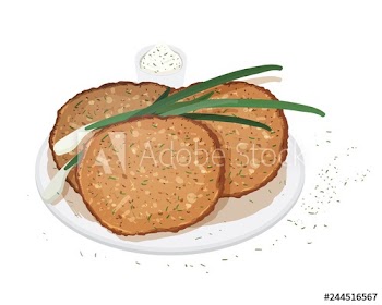 Pancakes, blini or crepes served on plate with scallion or green onion and sauce isolated on white background