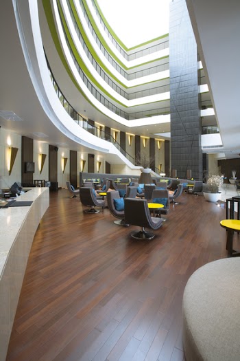 Panoramic view of nice modern stylish business center interior