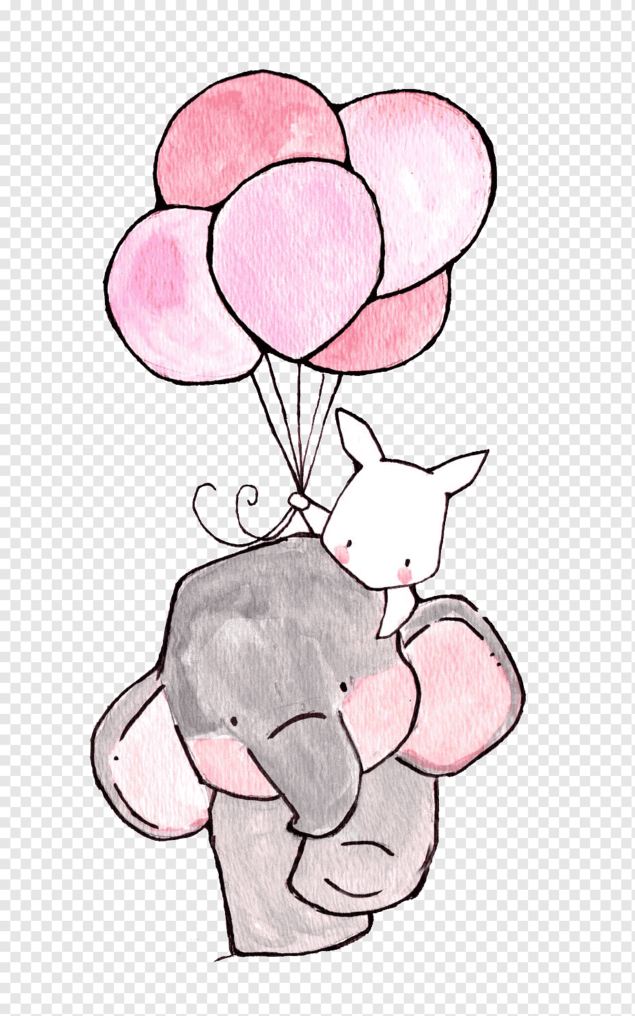 Paper Nursery Drawing Printing Illustration, The Elephant and the White Rabbit, elephant and bunny holding balloons artwork, love, watercolor Painting, animals png
