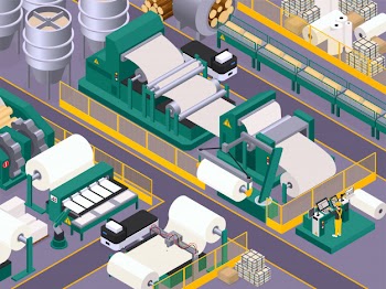 Paper production background with conveyor and manufacture symbols isometric Free Vector