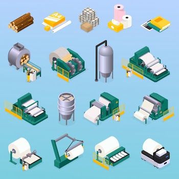 Paper production icons set with wood and press symbols isometric isolated Free Vector