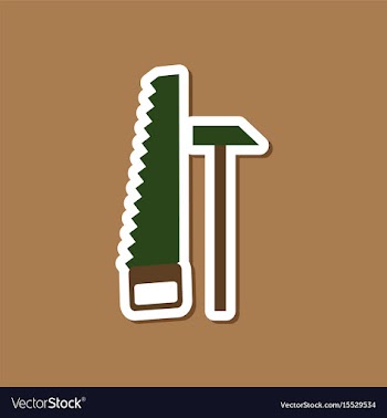 Paper sticker on stylish background saw and hammer vector image