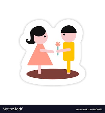 Paper sticker on white background boy gives flower vector image