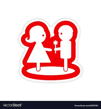 Paper sticker on white background boy gives flower vector image