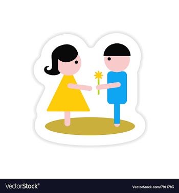 Paper sticker on white background boy gives flower vector image