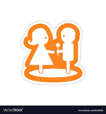 Paper sticker on white background boy gives flower vector image