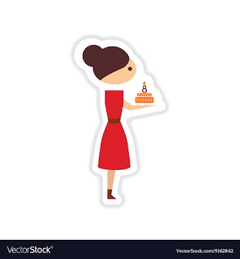 Paper sticker on white background girl with cake vector image