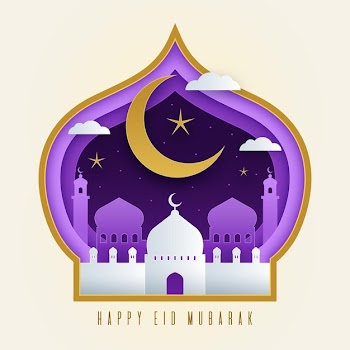 Paper style eid mubarak with moon and mosque Free Vector