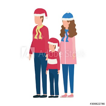 parents couple and son with christmas hats characters