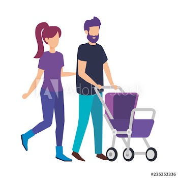 parents couple with cart baby characters