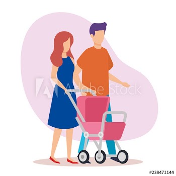 parents couple with cart baby characters
