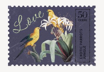 Parrots postage stamp, ephemera collage | Free PSD - rawpixel