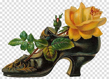 PART Element Frames Text, unpaired brown and black leather kitten heel with yellow-petaled flower transparent background PNG clipart