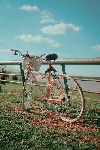 Pastel pink bike by the coast walk
