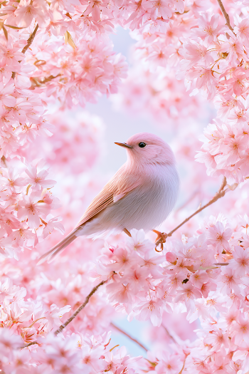Pastel Pink Songbird Among Cherry Blossoms