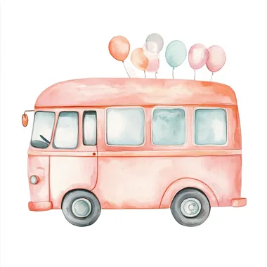 Pastel Watercolor Cartoon Bus with Balloons Pastel Watercolor Cartoon Bus with Balloons