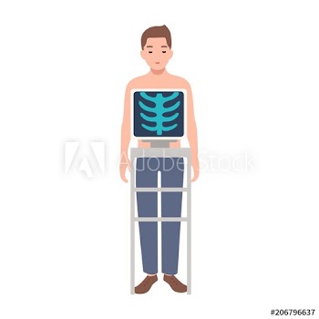 Patient during medical procedure of taking chest radiograph isolated on white background