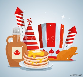 patriotic canada hat and beaver with fireworks and pancakes