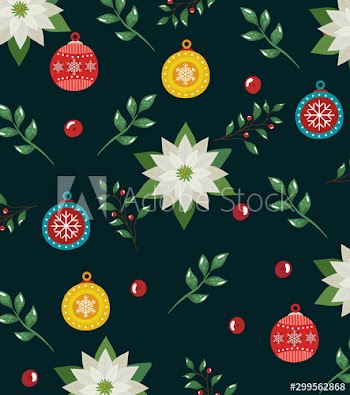 pattern of merry christmas with flowers and balls decorative design
