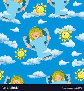 Pattern with angels and clouds on a blue vector image