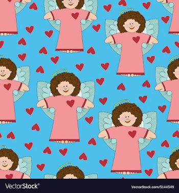 Pattern with angels and hearts on a blue vector image