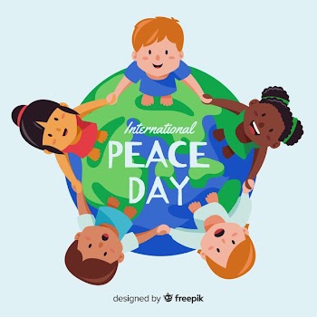 Peace day background children holding hands around the world Free Vector