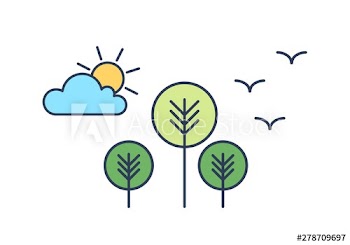 Peaceful landscape with trees, sun, cloud and birds
