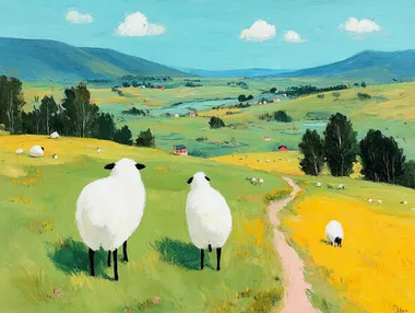 Peaceful Pastoral Scene with Sheep on Farmland Peaceful Pastoral Scene with Sheep on Farmland