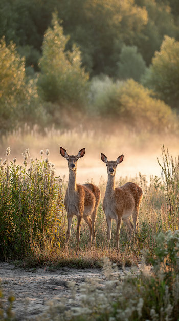Peaceful Summer Meadow at Dawn with Wild Deer