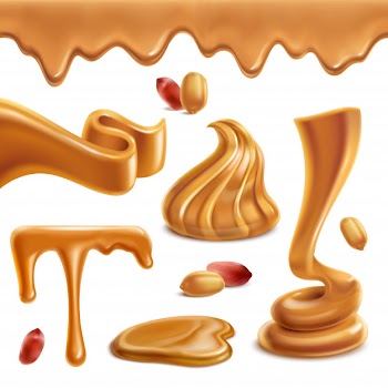 Peanut butter spread paste funny spiral figures melted puddles horizontal border roasted nuts realistic set Free Vector