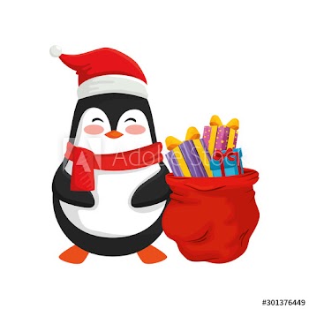 penguin and bag with gifts of merry christmas design