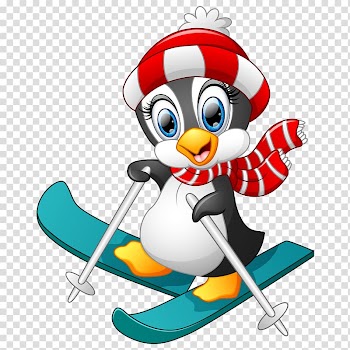 Penguin Cartoon Skiing Illustration, Cartoon hand painted cute ski penguin transparent background PNG clipart