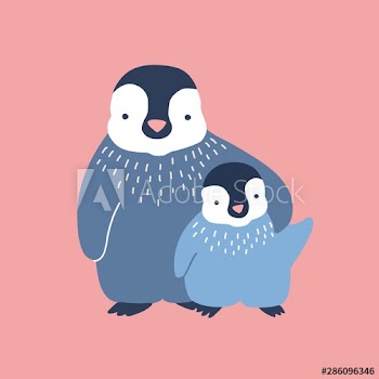 Penguin cuddling its baby or chick isolated on white background