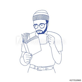 Pensive bearded man with glasses holding cup, drinking coffee and reading book