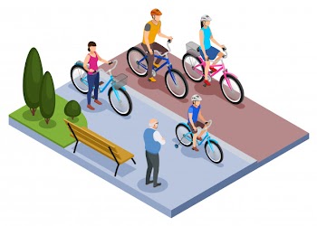 People and bicycle isometric composition with family riding bicycles in city park vector illustration Free Vector