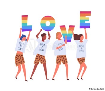 People carrying LOVE letters in rainbow colors isolated on white background