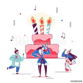 People celebrate birthday around big cake