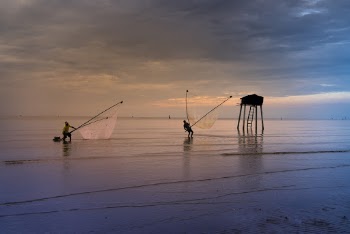 People Fishing Using Net On Ocean