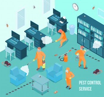 People from pest control service doing disinfection in office 3d isometric vector illustration Free Vector