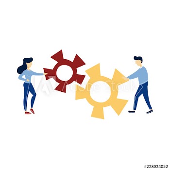 People holding gear cog and work in team