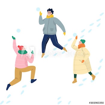 People in winter warm clothes playing snowballs