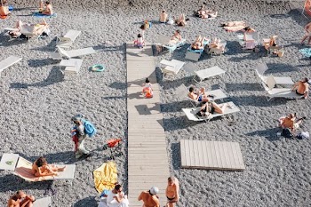people on gray sand beach