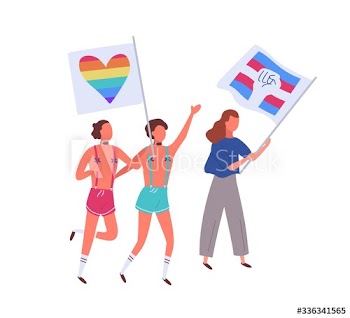 People on pride parade holding rainbow and transgender flags isolated on white background