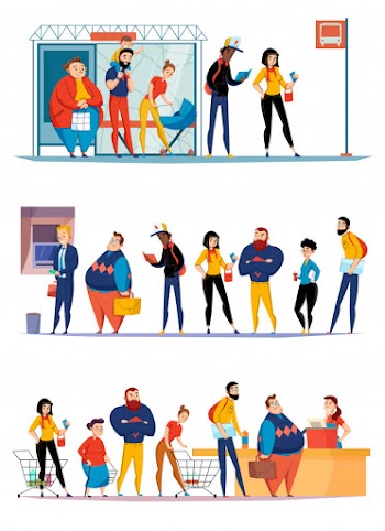 People queuing in supermarket waiting bus checkout lining up for atm cash flat horizontal sets  illustration Free Vector