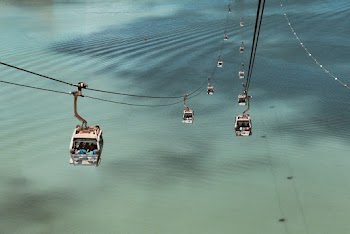 People Riding Cable Cars Viewing Body of Water